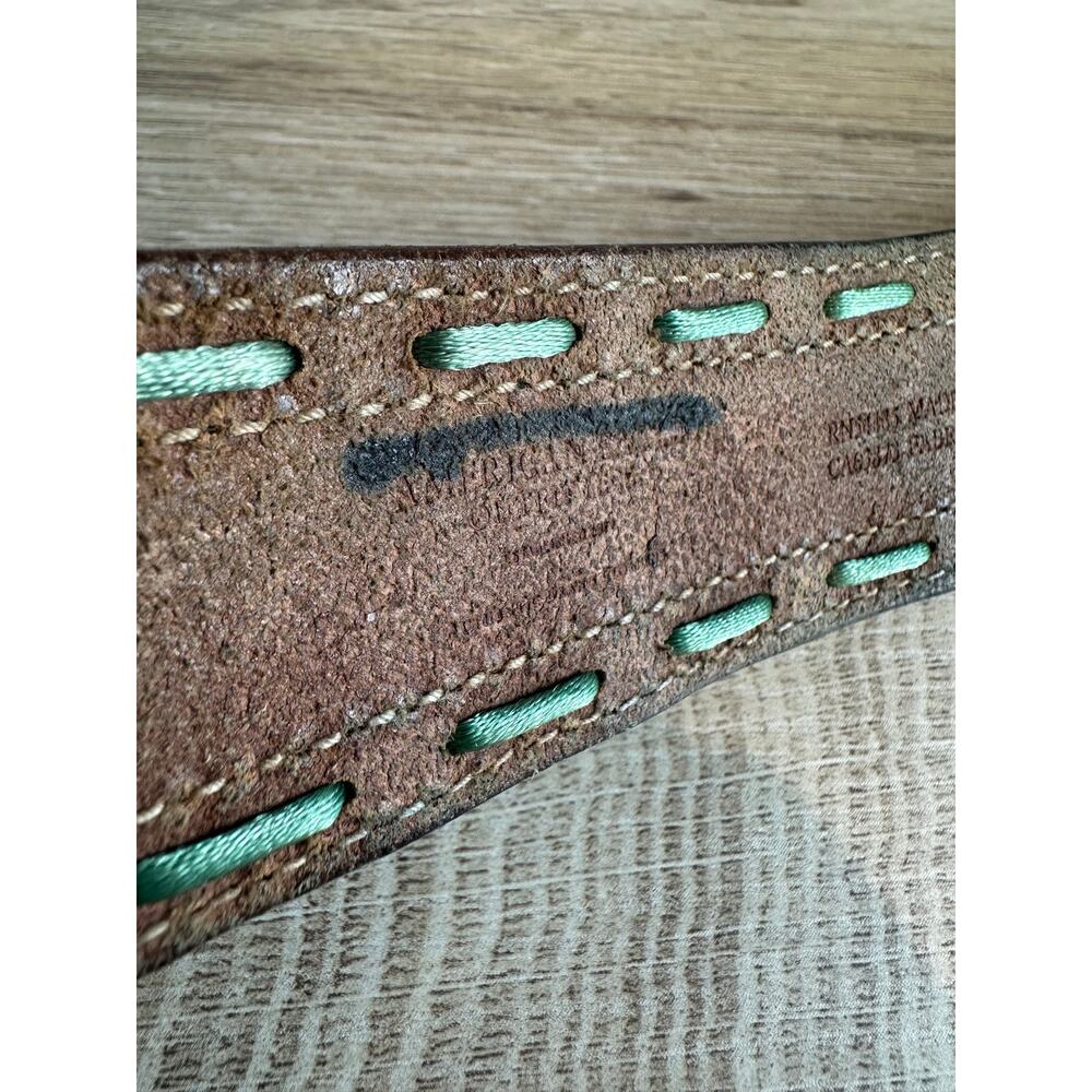 American Eagle Vintage Leather and Green Contrast Stitch Belt Brown S - Picture 4 of 11